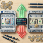 A vibrant overhead visualization of currency trading, showing connected Euro and Dollar money trays with a central exchange rate screen and trading tools.