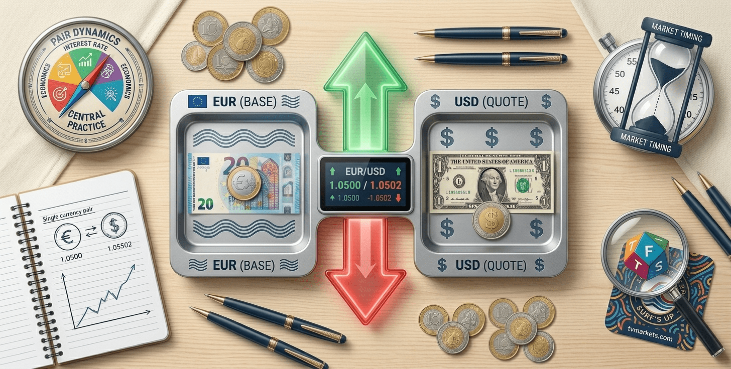 A vibrant overhead visualization of currency trading, showing connected Euro and Dollar money trays with a central exchange rate screen and trading tools.