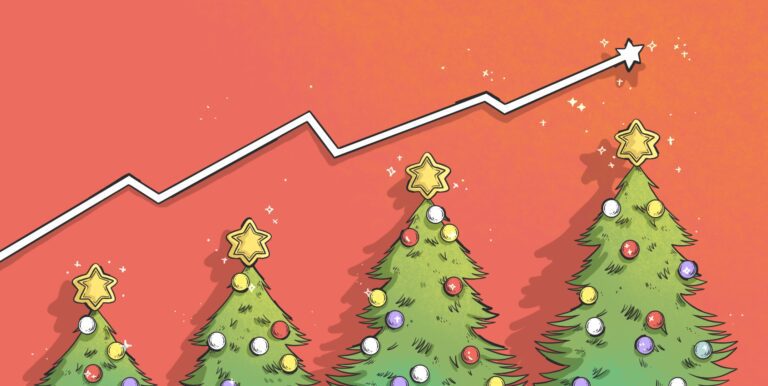 Illustration of a Christmas tree with trading charts
