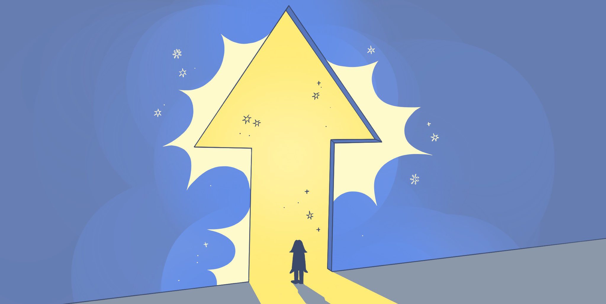 A silhouette stands before a bright arrow, symbolizing strategies for building confidence.