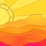 A cartoon sun shines brightly over a mountain range, symbolizing optimism in Mexico's economic growth and nearshoring opportunities.