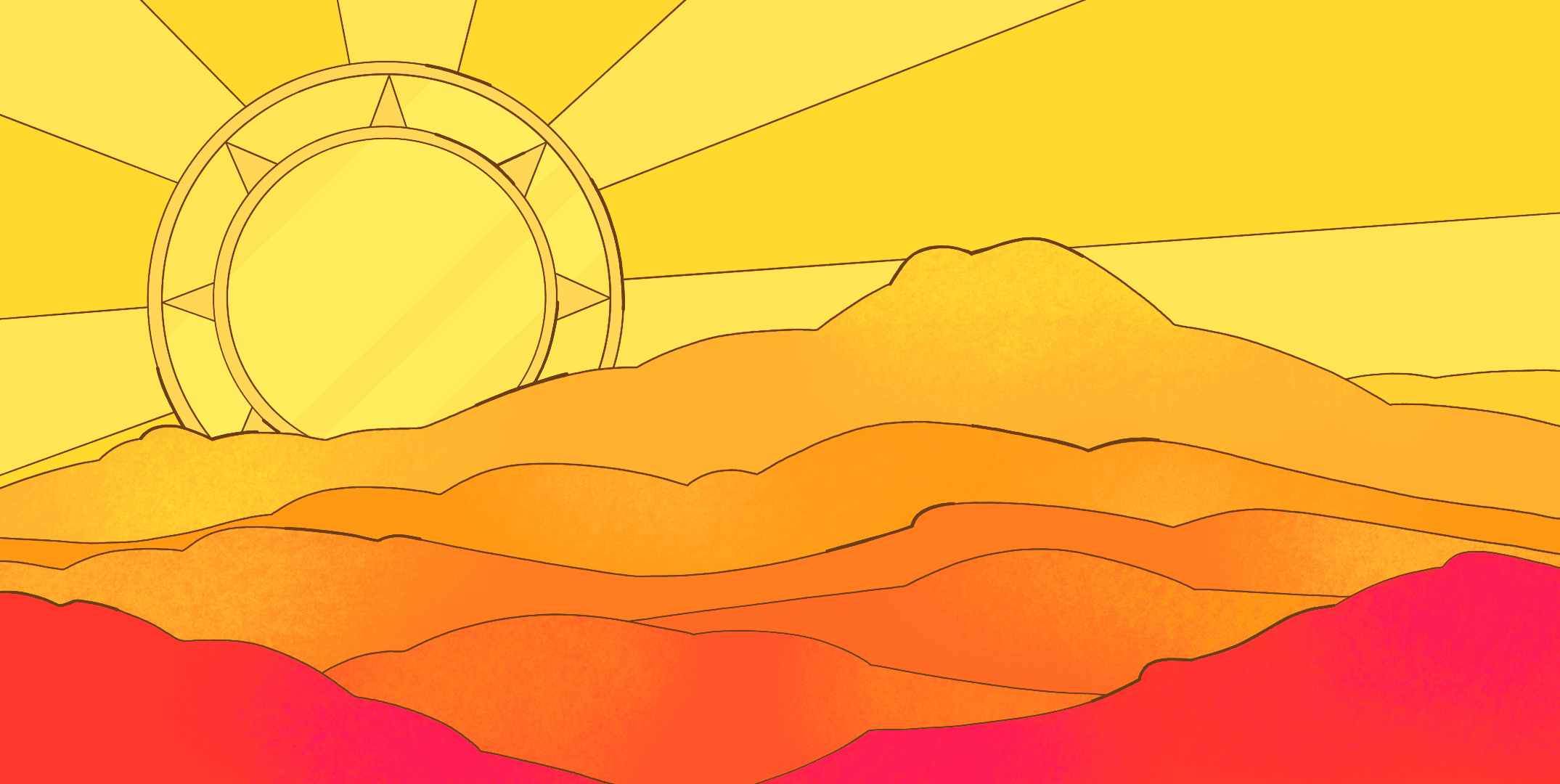 A cartoon sun shines brightly over a mountain range, symbolizing optimism in Mexico's economic growth and nearshoring opportunities.