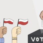 A hand placing a ballot into a voting box adorned with flags, symbolizing civic engagement and democratic participation.