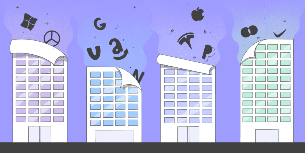 Illustration of a building adorned with stock markets companies and elements, showcasing a vibrant and eclectic design.