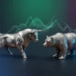 Bull and bear market symbols displayed with stock market charts, representing the financial markets accessed through a stockbroker.