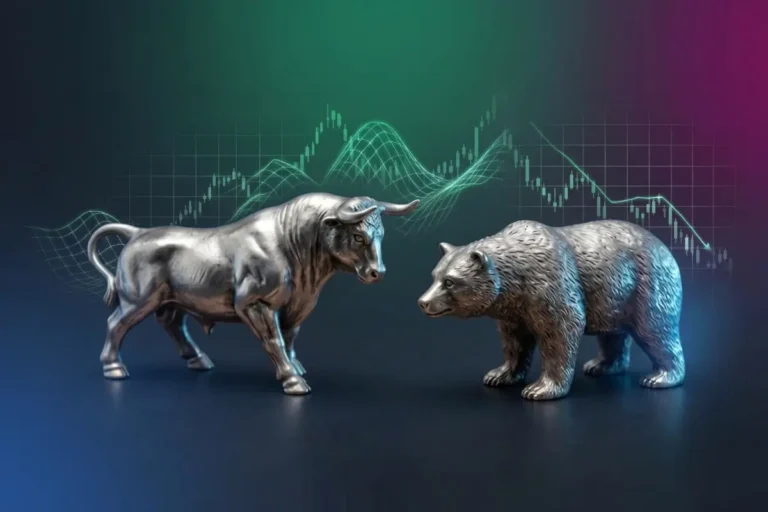 Bull and bear market symbols displayed with stock market charts, representing the financial markets accessed through a stockbroker.