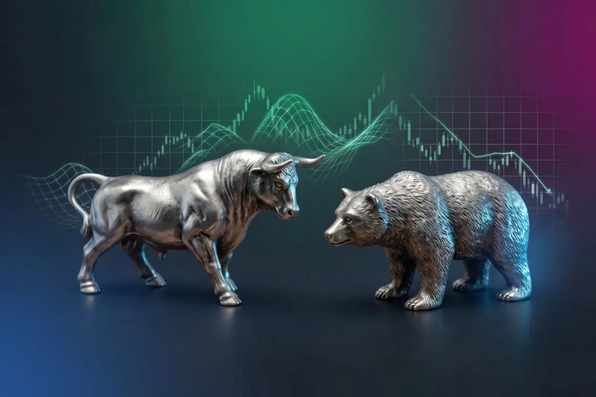 Bull and bear market symbols displayed with stock market charts, representing the financial markets accessed through a stockbroker.