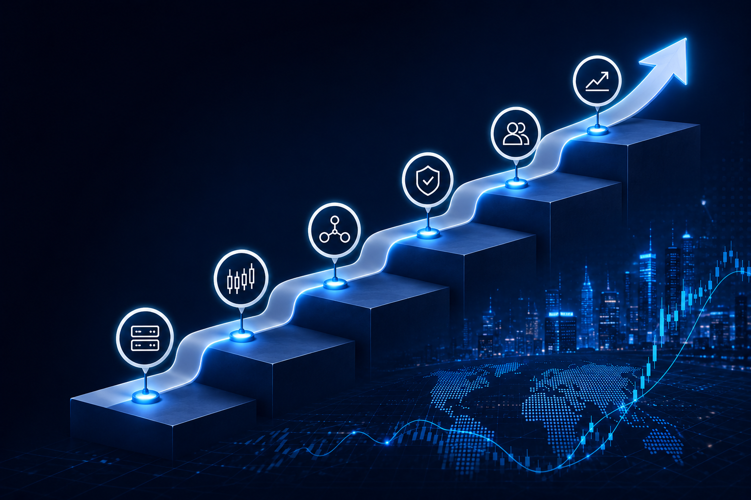 Multi-asset brokerage technology roadmap illustrating the stages of broker growth, from startup infrastructure to scalable multi-asset trading operations.