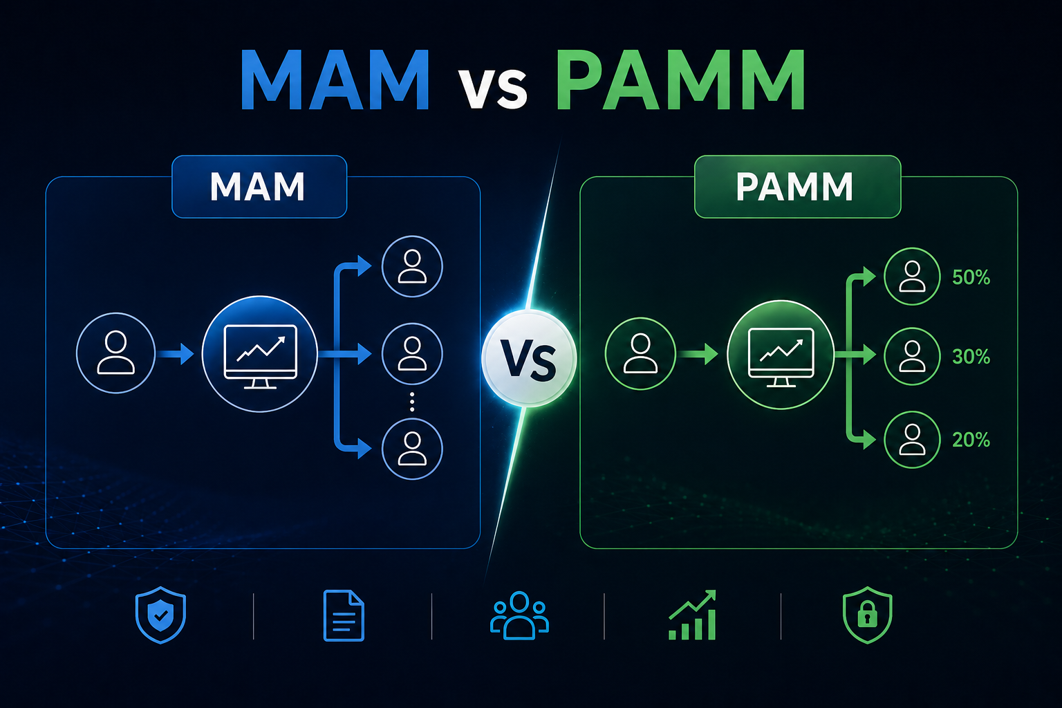 Comparison infographic showing the differences between MAM and PAMM, highlighting allocation methods, scalability, flexibility, and managed account features for brokers.
