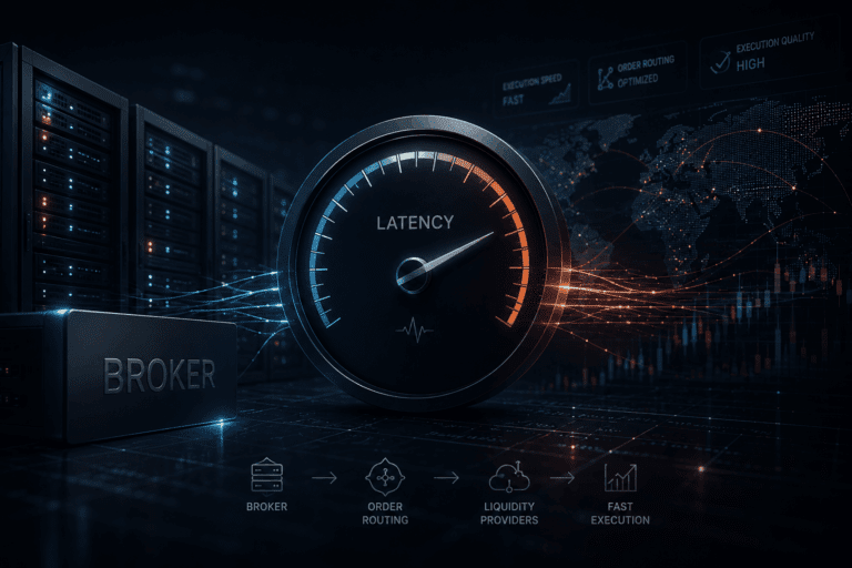 Broker order execution latency illustrated with a low-latency trading infrastructure, data routing, and execution performance dashboard.