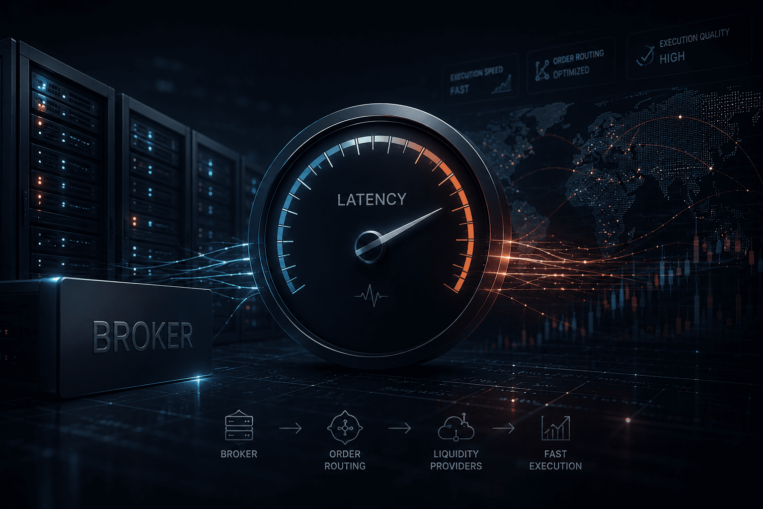 Broker order execution latency illustrated with a low-latency trading infrastructure, data routing, and execution performance dashboard.