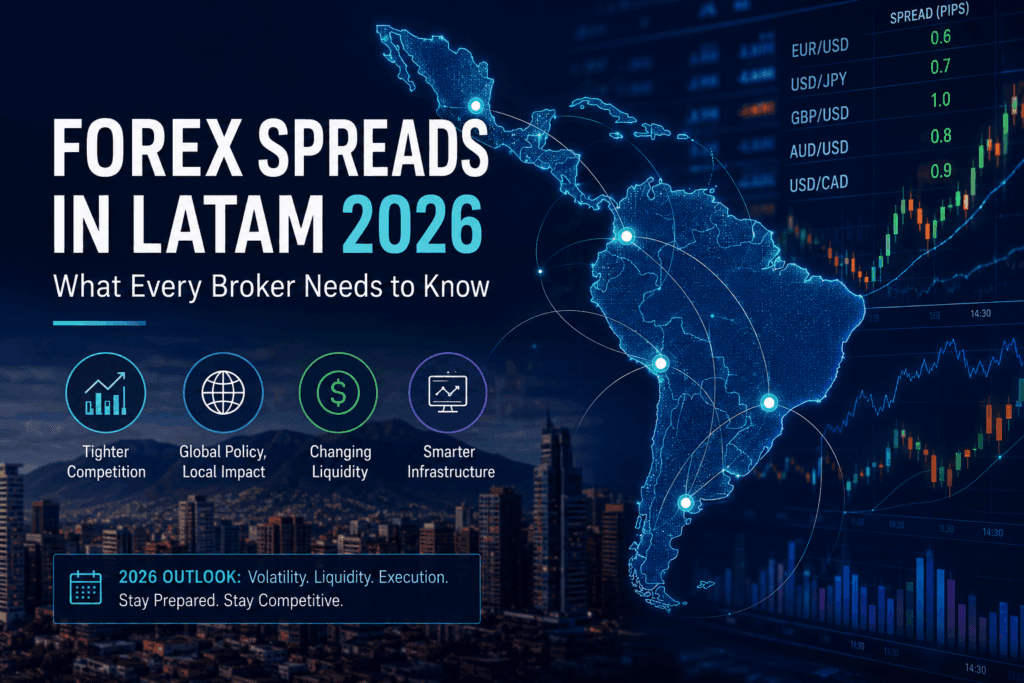 Digital illustration of Latin America with forex market charts highlighting how changing liquidity and global economic events influence forex spreads across the LATAM region in 2026.