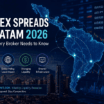 Digital illustration of Latin America with forex market charts highlighting how changing liquidity and global economic events influence forex spreads across the LATAM region in 2026.
