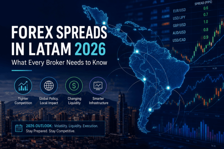 Digital illustration of Latin America with forex market charts highlighting how changing liquidity and global economic events influence forex spreads across the LATAM region in 2026.