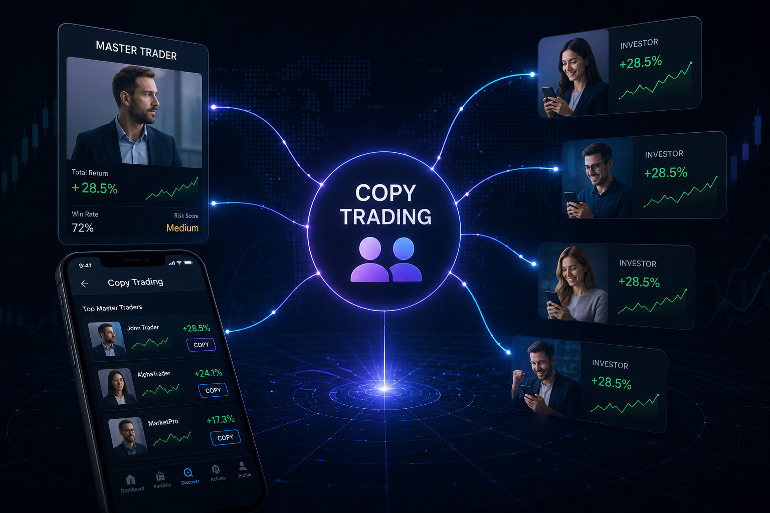Copy trading platform showing a master trader whose strategies are automatically replicated by multiple investors through a mobile trading app.