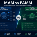 Comparison infographic showing the differences between MAM and PAMM, highlighting allocation methods, scalability, flexibility, and managed account features for brokers.