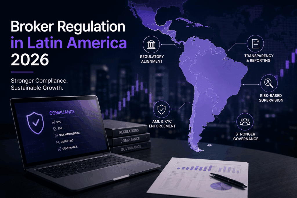Illustration of broker regulation in Latin America 2026 showing compliance, AML, KYC, governance, and regulatory oversight across the LATAM region.