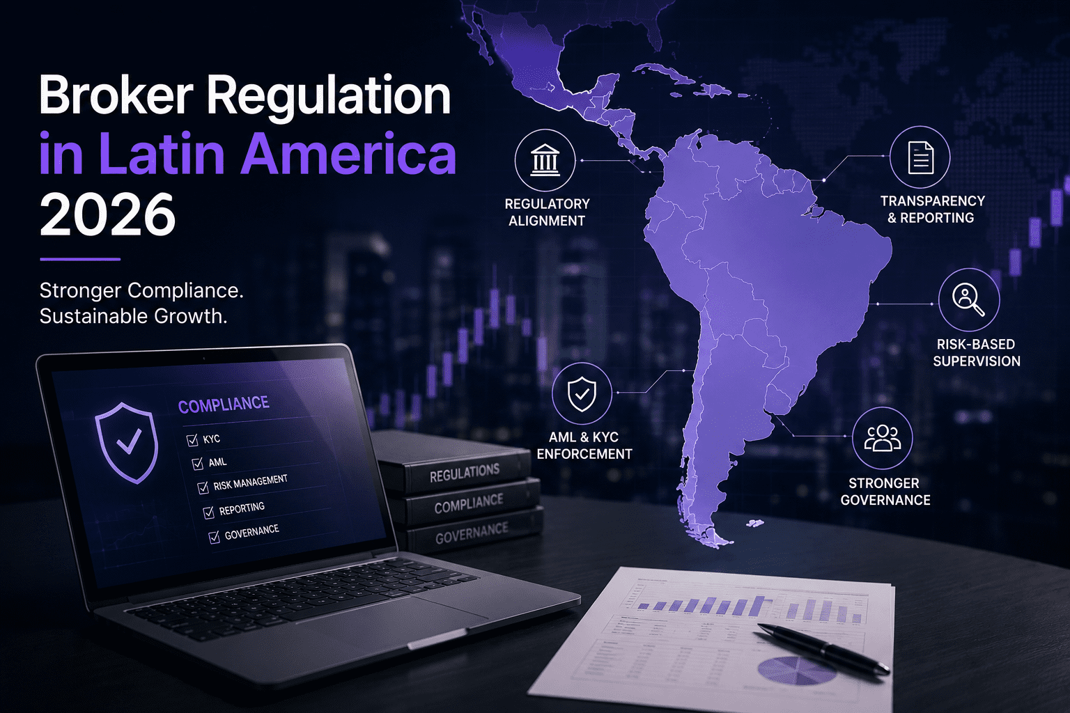 Illustration of broker regulation in Latin America 2026 showing compliance, AML, KYC, governance, and regulatory oversight across the LATAM region.