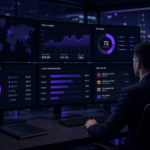 Broker risk monitoring dashboard displaying real-time exposure, client activity, concentration risk, and trading alerts across multiple market monitors.