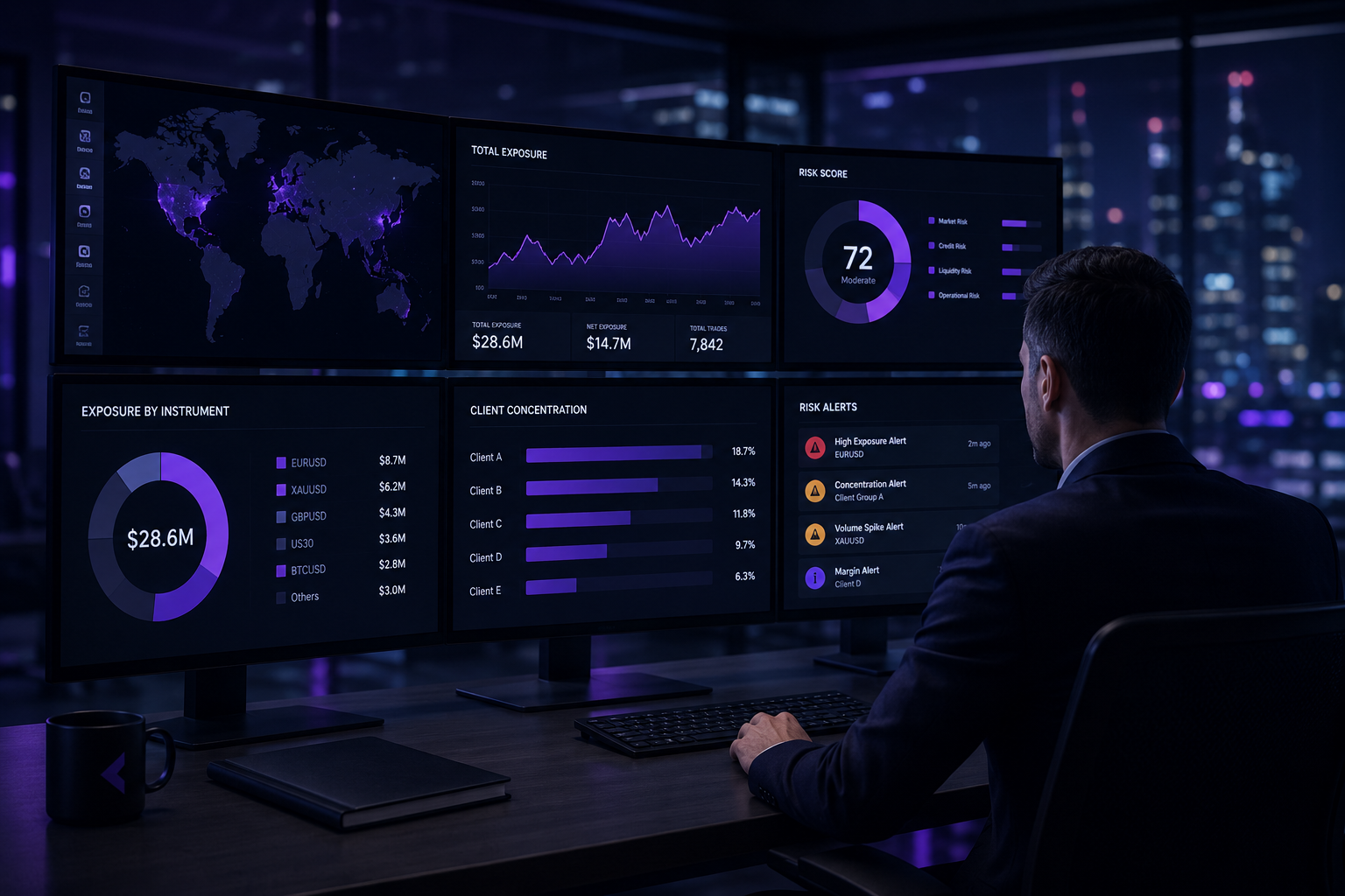 Broker risk monitoring dashboard displaying real-time exposure, client activity, concentration risk, and trading alerts across multiple market monitors.