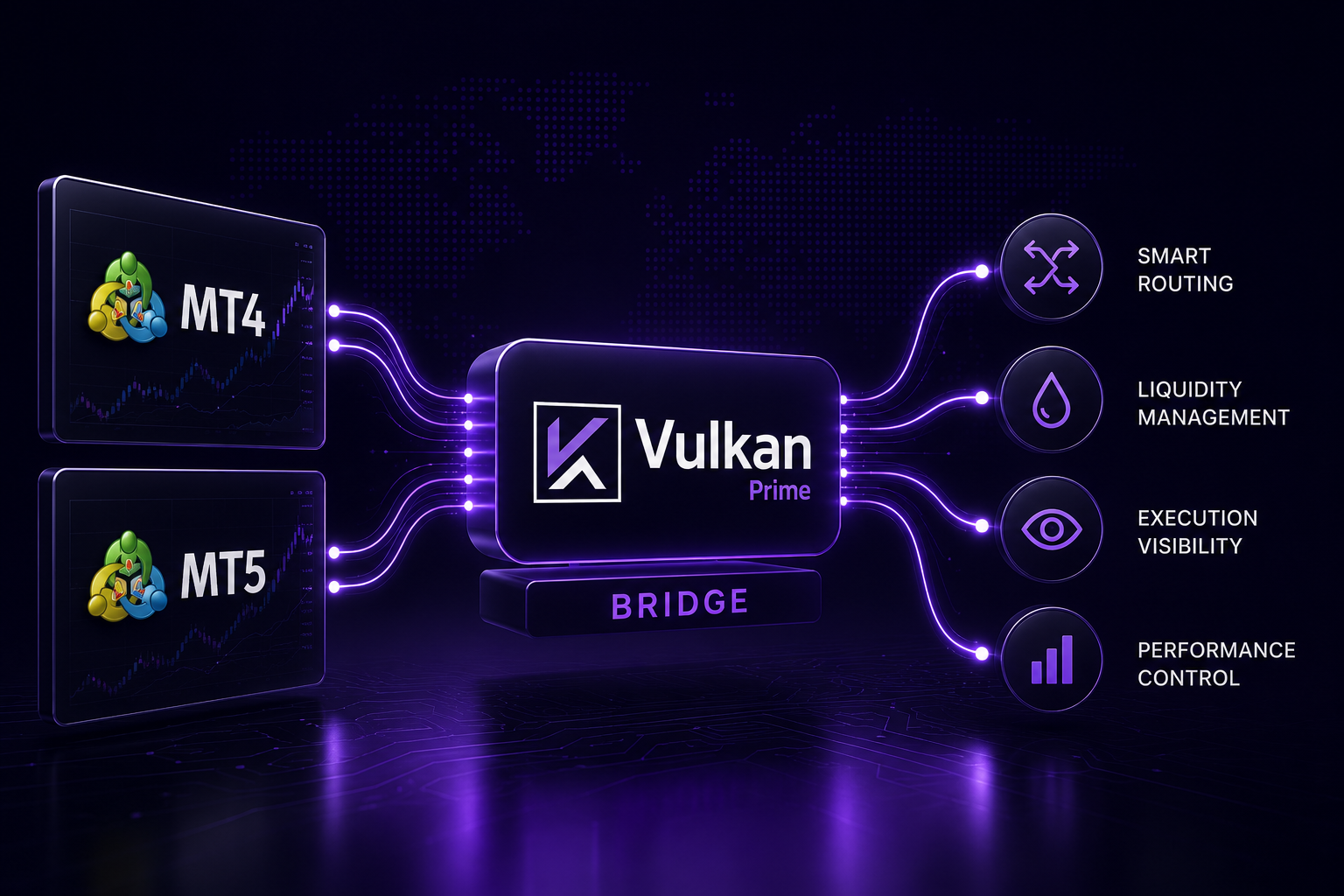 Illustration of Vulkan Bridge MT4 MT5 integration showing trading platforms connected to liquidity providers through a centralized execution and routing infrastructure.