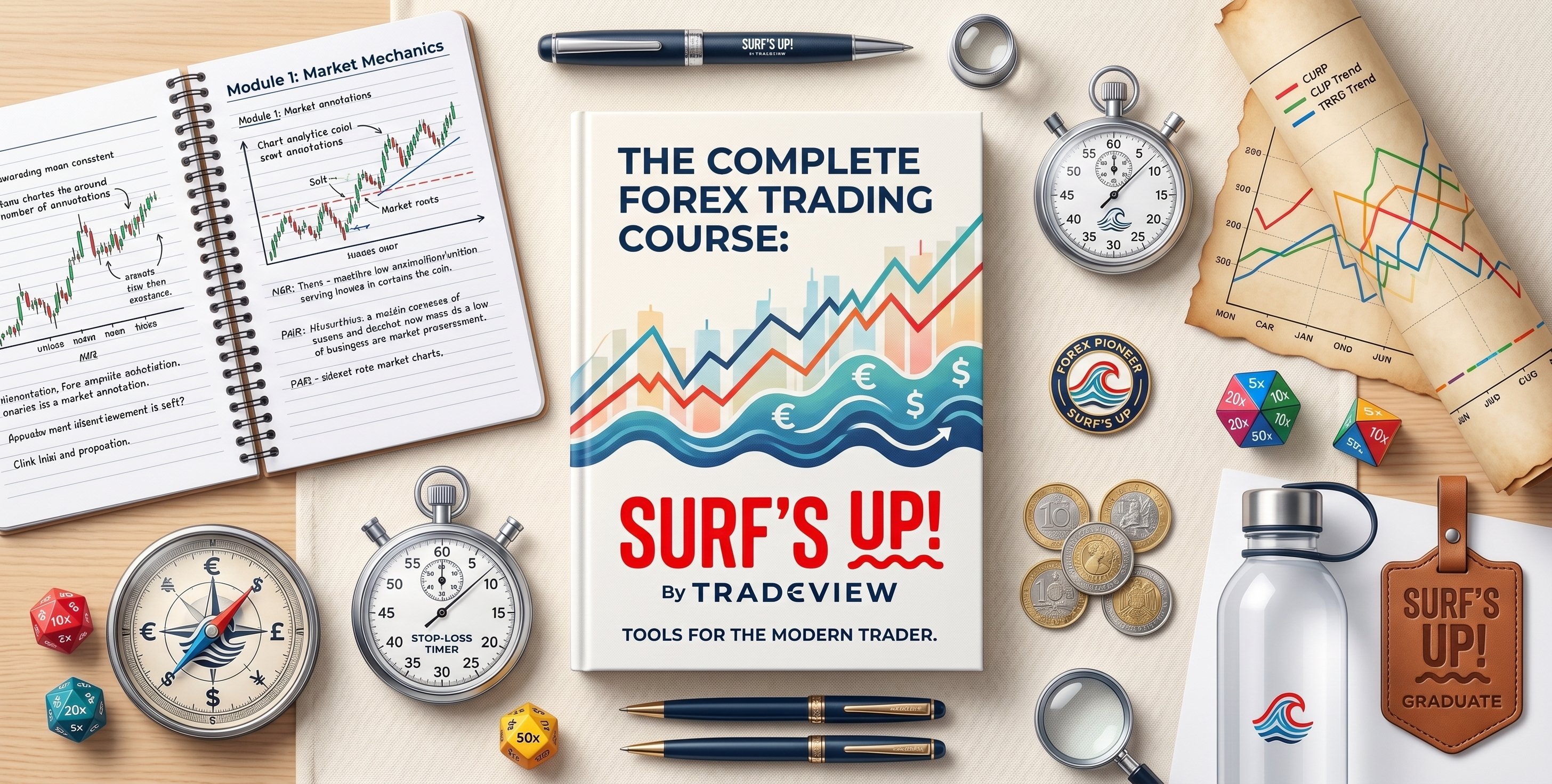 An overhead flat-lay photograph on a light wooden desk featuring "The Complete Forex Trading Course: Surf's Up! by Tradeview" book. Surrounding educational tools include an open notebook with chart analysis, currency compass, stopwatch, coins, dice, and a "Surf's Up Graduate" tag.