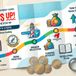 An illustrated six-step map for a "Forex Trader's Journey Guide by Tradeview," detailing a path for beginners from learning (Education) to a live trade (First Live Trade), set on a curated desk with tools.