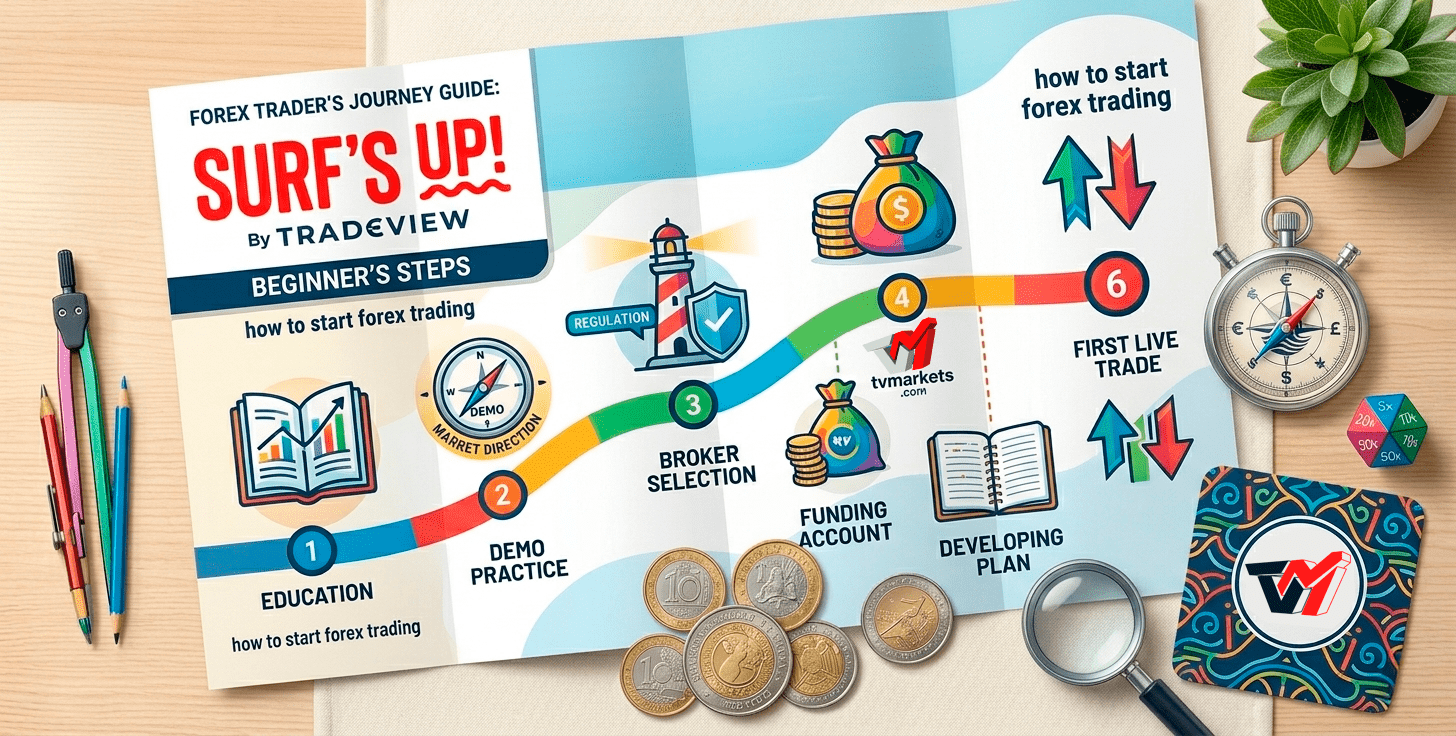 An illustrated six-step map for a "Forex Trader's Journey Guide by Tradeview," detailing a path for beginners from learning (Education) to a live trade (First Live Trade), set on a curated desk with tools.