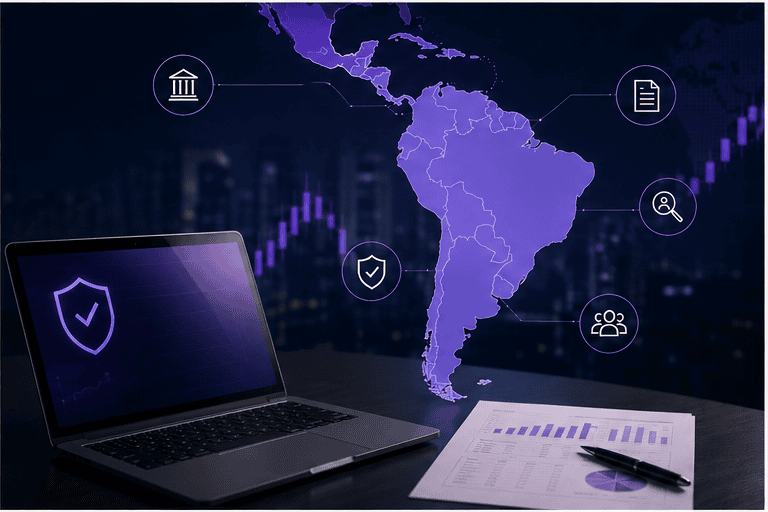 Illustration of broker regulation in Latin America 2026 showing compliance, AML, KYC, governance, and regulatory oversight across the LATAM region.