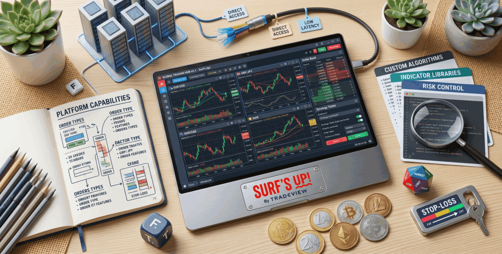 An overhead flat-lay illustration of an organized trader's desk. The central laptop displays charts with 'Surf's Up! by Tradeview' branding, surrounded by an open notebook, trading dice, coins, and professional tools.