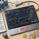 An overhead flat-lay illustration of an organized trader's desk. The central laptop displays charts with 'Surf's Up! by Tradeview' branding, surrounded by an open notebook, trading dice, coins, and professional tools.