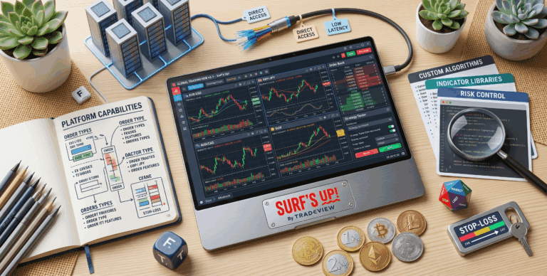 An overhead flat-lay illustration of an organized trader's desk. The central laptop displays charts with 'Surf's Up! by Tradeview' branding, surrounded by an open notebook, trading dice, coins, and professional tools.