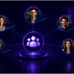 Illustration of a regional broker social trading platform connecting traders, strategy providers, and followers through a collaborative trading community.