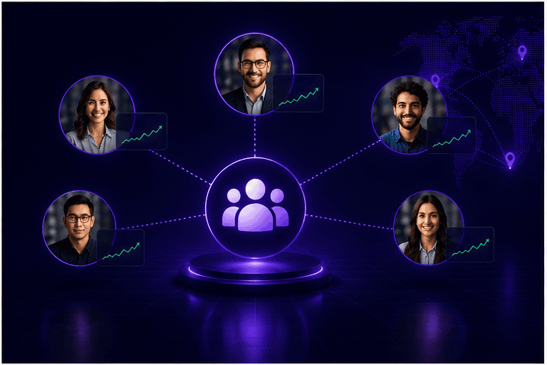 Illustration of a regional broker social trading platform connecting traders, strategy providers, and followers through a collaborative trading community.