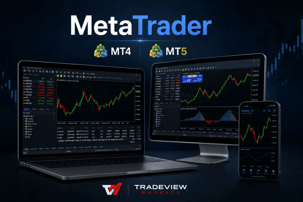 MetaTrader trading platform showing MT4 and MT5 chart analysis tools used for forex, stocks, futures, and CFD trading.