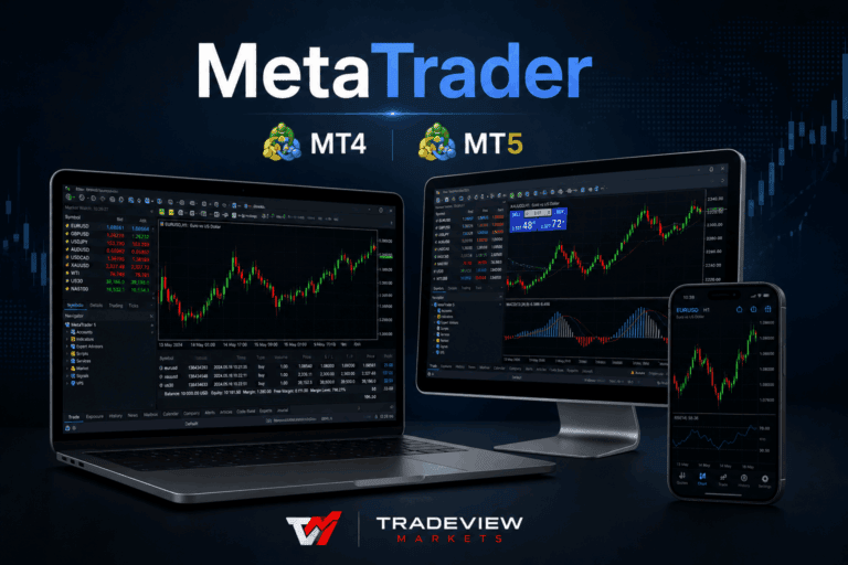 MetaTrader trading platform showing MT4 and MT5 chart analysis tools used for forex, stocks, futures, and CFD trading.