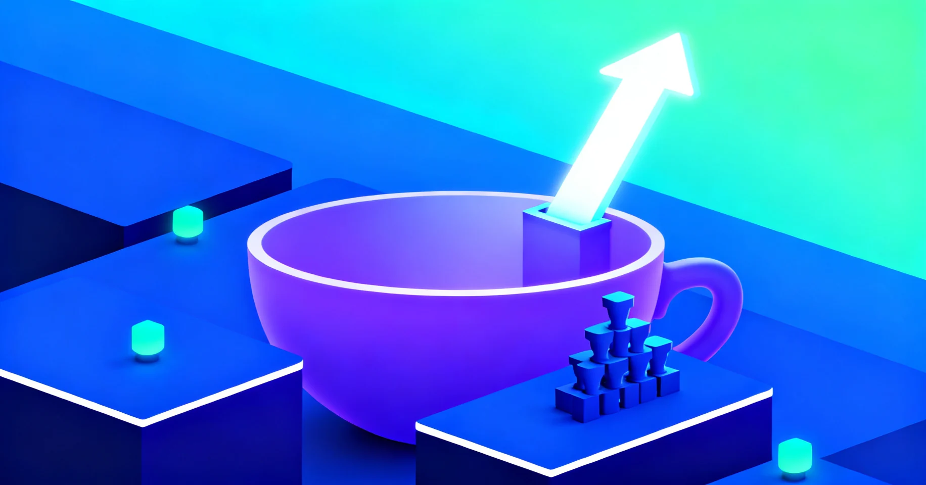 Isometric cup-and-handle chart landscape with a learner avatar climbing toward a breakout summit