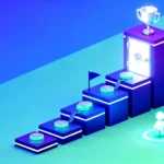Escena isométrica de progresión de una cuenta de trading financiada, con un avatar de trader escalando bloques de capital.