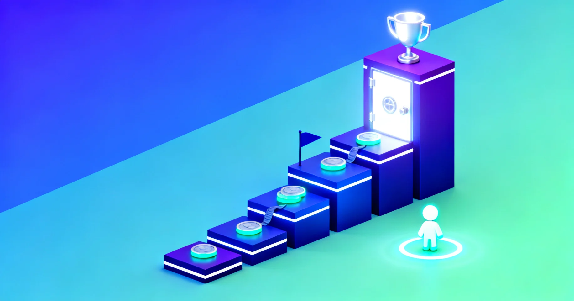 Escena isométrica de progresión de una cuenta de trading financiada, con un avatar de trader escalando bloques de capital.